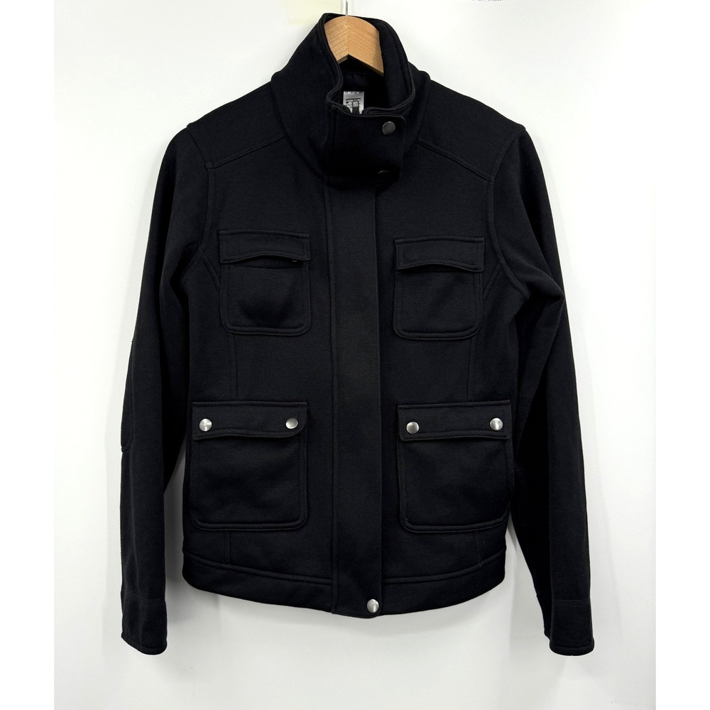 Patagonia Jacket Womens Medium Black Fleece‎ Collar Snap Pockets Elbow Patches